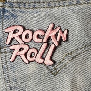 Rock N Roll Pink Iron On Patch Outlined Embroidered For Jean Jacket DIY Applique